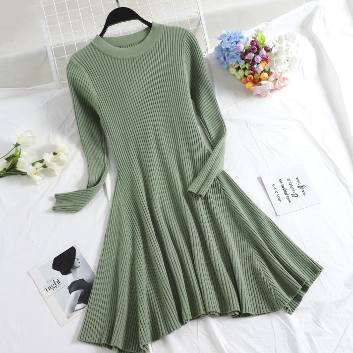 Fashion Long Sleeve Irregular Hem Casual Round Neck A Line Mini Sweater Dress