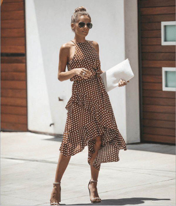 Ruffle solid halter v neck backless irregular midi dress