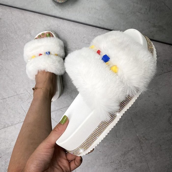 Women's Shoes Fur Rhinestone Thick Sole Solid Color Fluffy Furry Sexy Slippers