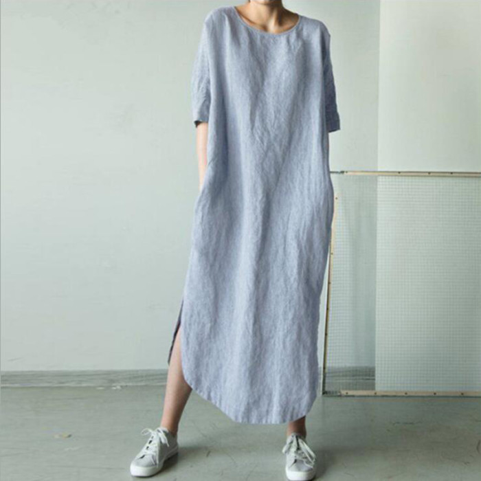 Trendy Cotton Linen O Neck Slit Casual Party  Maxi Dress