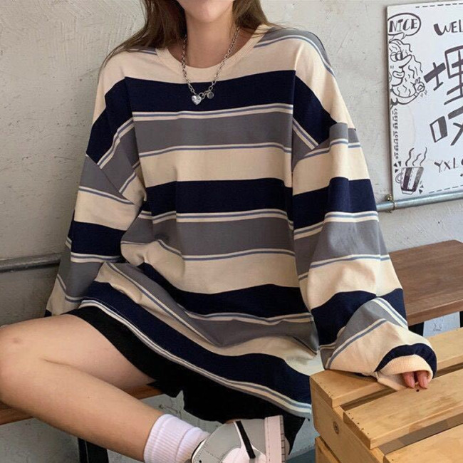 Fashion Stripe Loose Harajuku Fashion Long Sleeve  Hoodies & Sweatshirts