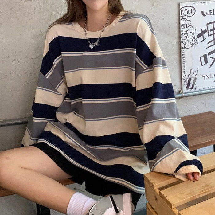 Fashion Stripe Loose Harajuku Fashion Long Sleeve  Hoodies & Sweatshirts