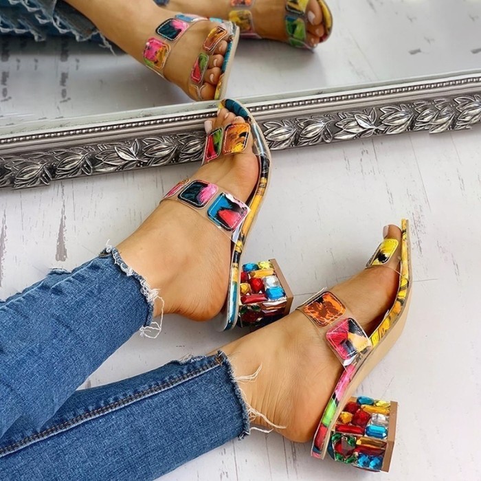 Square Heel Summer Open Toe Multicolor Wedge Sandals