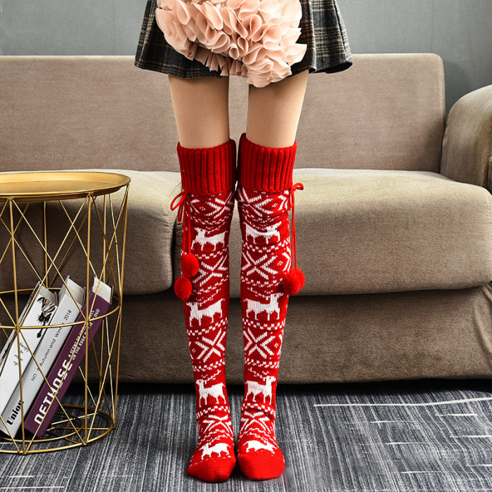 Christmas Women's Printed Knitted Thermal Knee Socks