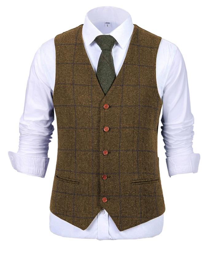 Men's Fashion Vest Plaid Soft Wool Casual Gentleman Twill Business Vest