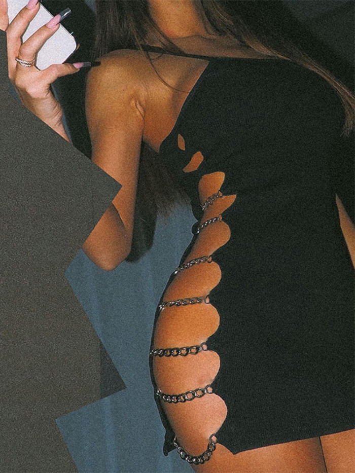 Fashion Hollow Chain Sexy Solid Color Backless  Mini Dress