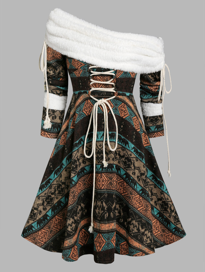 Fashionable A-Line Faux Wool Print Lace Up Slant Neck Casual Long Sleeve Vintage Dress
