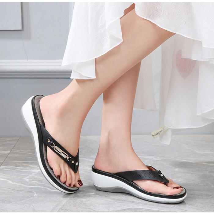 Women's Shoes Fashion Lightweight Casual Metal Wedge Flip Flop Slippers