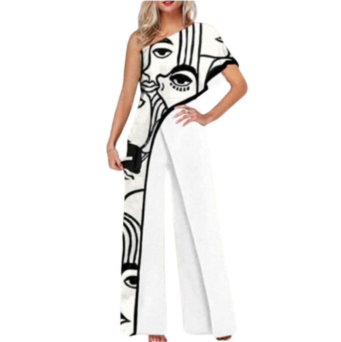 Sexy Off-Shoulder Stitching Fashion Print Straight High Waist Jumpsuit
