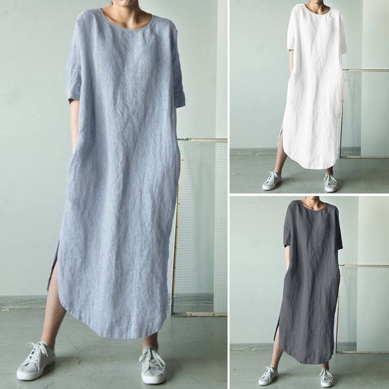 Trendy Cotton Linen O Neck Slit Casual Party  Maxi Dress