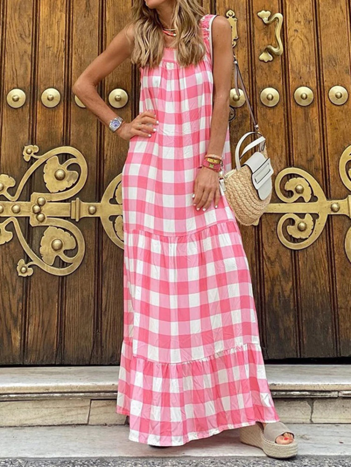 Fashion Casual Loose Retro Stripe Print Elegant Sleeveless  Maxi Dress