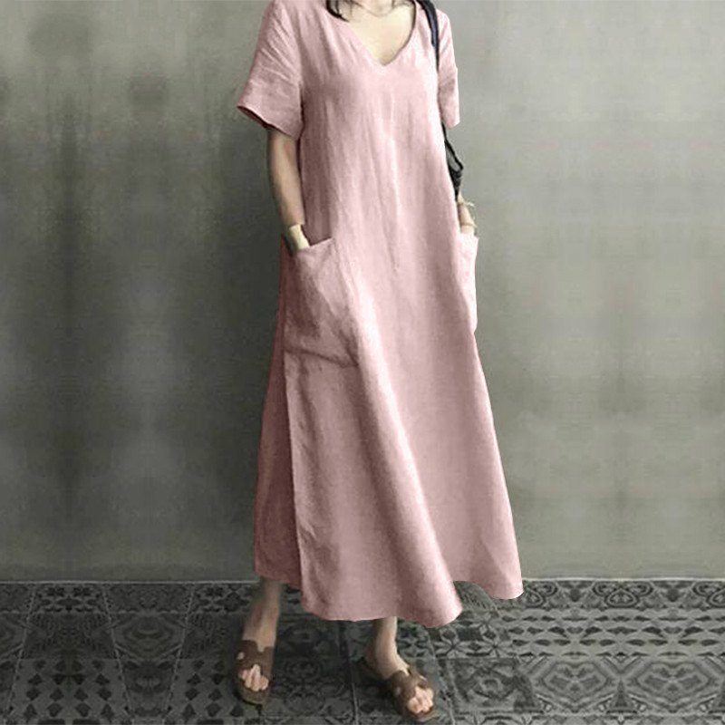 Women's Fashion Shirt Vintage Casual Cotton Asian Tunic V Neck Maxi Dress