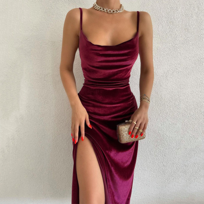 Fashion Elegant Velvet Body Fit Sleeveless Off Shoulder Party  Maxi Dress