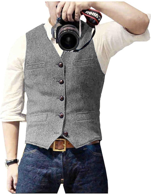 Men's Solid Color Single Breasted Wool Blend Denim Cow Slim Fit Casual Formal Vest