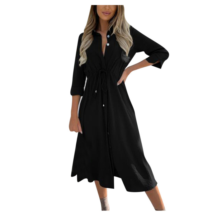 Fashion Solid Color Elegant Button Up High Waist Half Sleeve Shirt Party Midi Dress