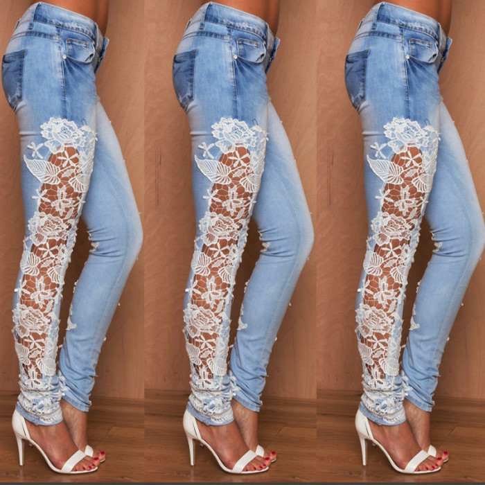 Fashion Sexy Cutout Slim Stretch Lace Floral Jeans