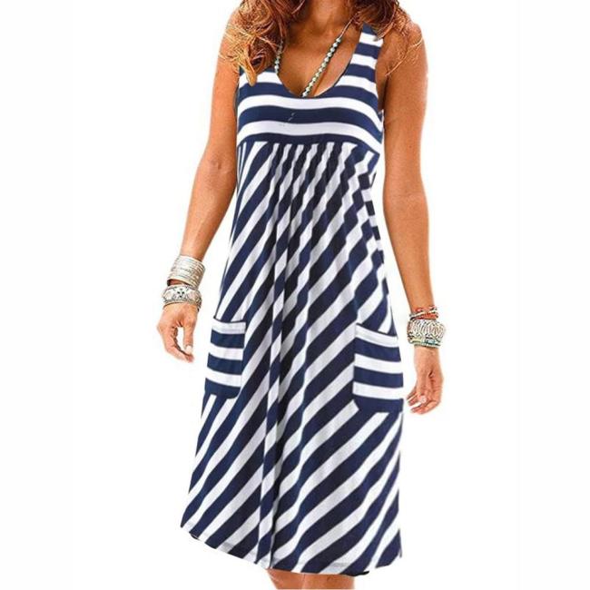 Fashion Stripe Loose Simple Sleeveless Casual Dress