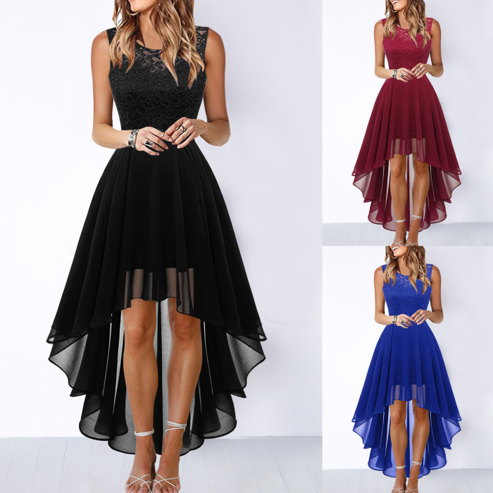 Fashion Lace Solid Color Ruffles Prom Sexy Irregular  Maxi Dress