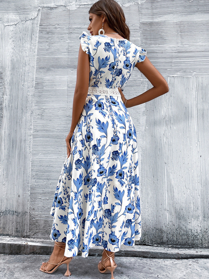 Elegant Lace Stitching Casual Floral Hollow Fashion Irregular Midi Dress