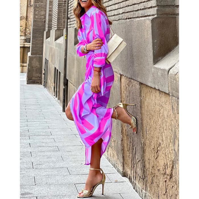 Fashion Lapel Round Neck Stripe Print Elegant Ruffles Casual Maxi Dress