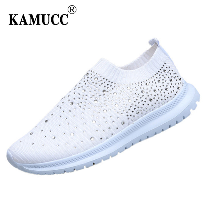 Women's Shiny Crystal Fashion Casual Slip On Mesh Flat Sneakers