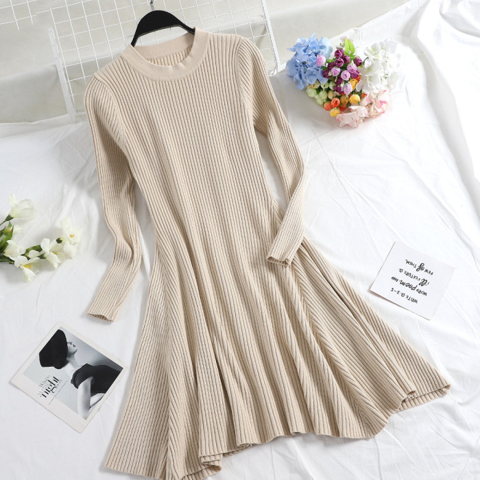 Fashion Long Sleeve Irregular Hem Casual Round Neck A Line Mini Sweater Dress