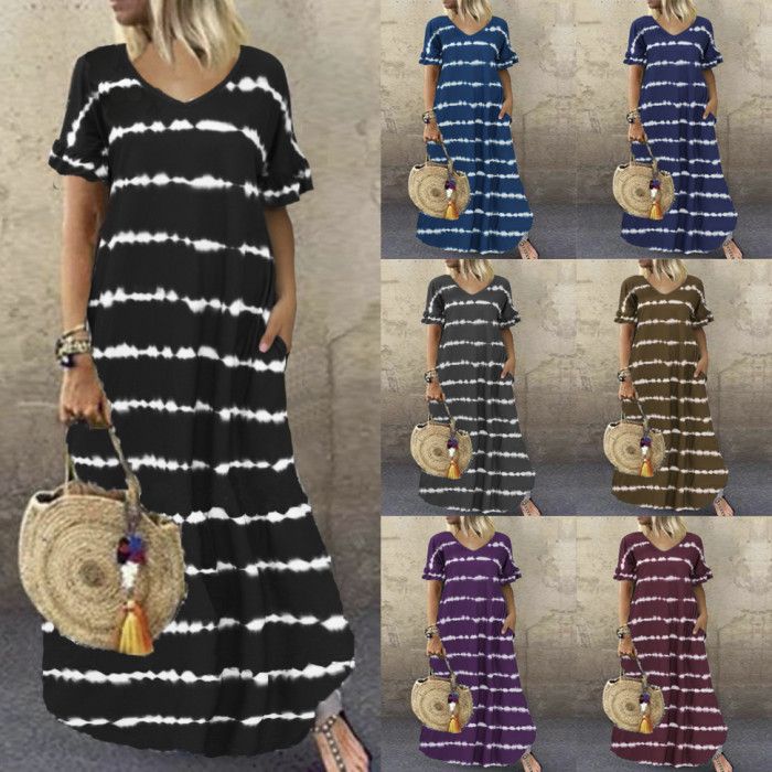 Fashion Irregular Stripe Pocket Sexy Tie Dye Print Maxi Dress