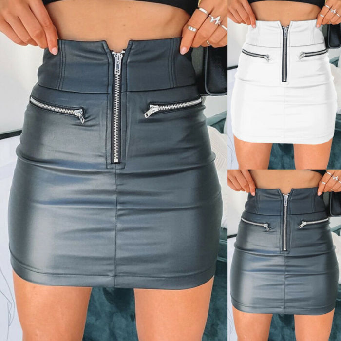 Fashion PU Leather Zipper High Waist Sexy Skinny Short Mini Skirt