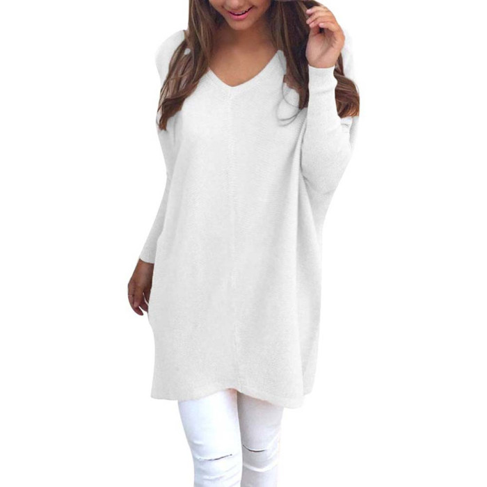 Women's Fashion V Neck Casual Loose Solid Color Knitted Sweater