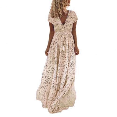 Trendy Elegant V Neck Bohemian Polka Dot Print Party Fringe  Maxi Dress