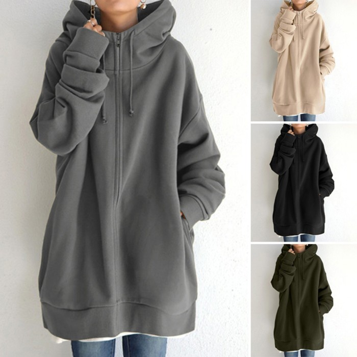 Plus Size Fashion Ladies Warm Zipper Hooded Casual Long Sleeve Jacket