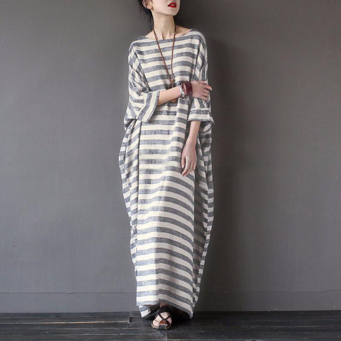 Cotton Linen Stripe Loose Casual Fashion Boho  Maxi Dress