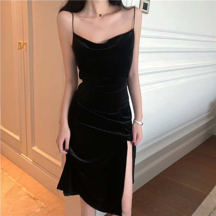 Fashion Vintage Spaghetti Strap Slit Velvet Sexy Party Bodysuit Midi Dress