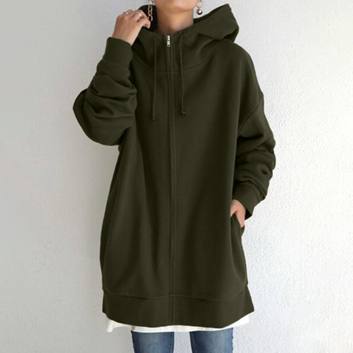 Plus Size Fashion Ladies Warm Zipper Hooded Casual Long Sleeve Jacket