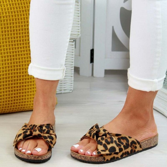 Women's Shoes Thick Sole Retro Fashion Bow Leopard Print Beach Slippers