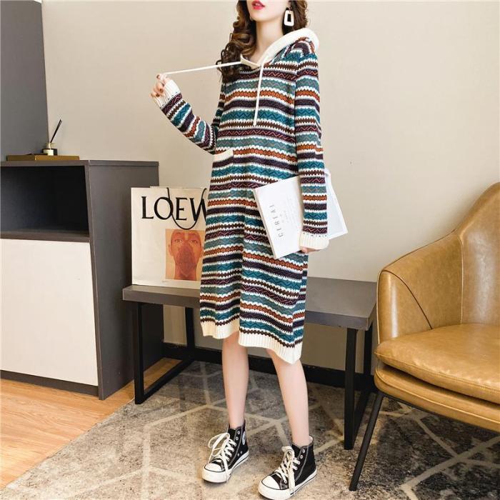 Fashion Retro Ethnic Striped Loose Long Sleeve Hooded Sweater Dress