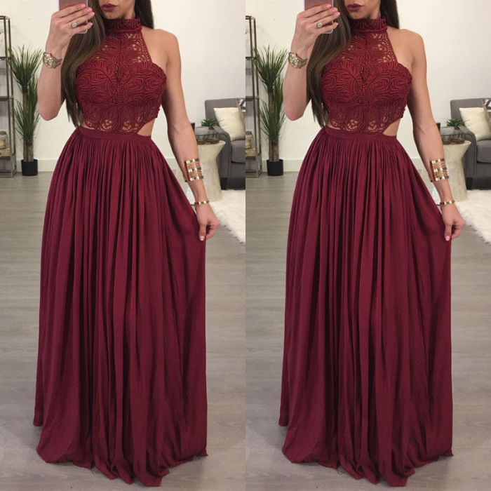 Sexy Lace Floral Party Backless Elegant Sleeveless Mesh  Evening Dress