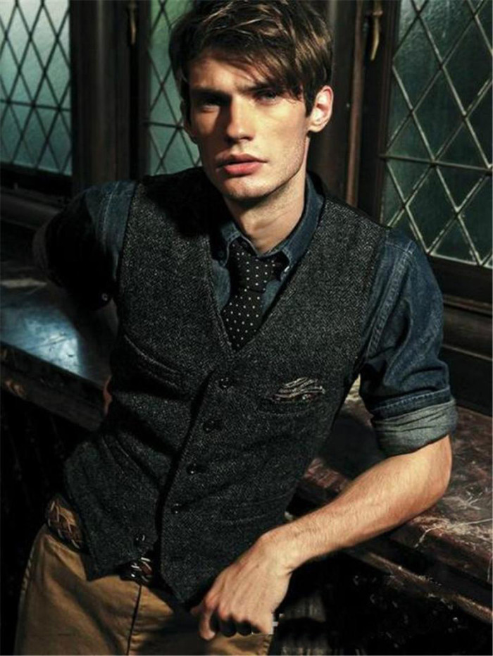 Men's Fashion Wool Single Breasted Herringbone Tweed Casual Vest