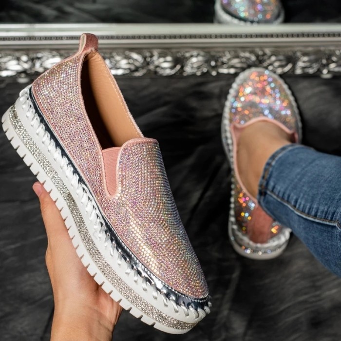 Women's Fashion Rhinestone Shiny Platform Casual Loafers Flats