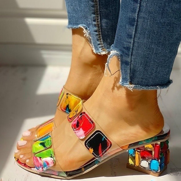 Square Heel Summer Open Toe Multicolor Wedge Sandals