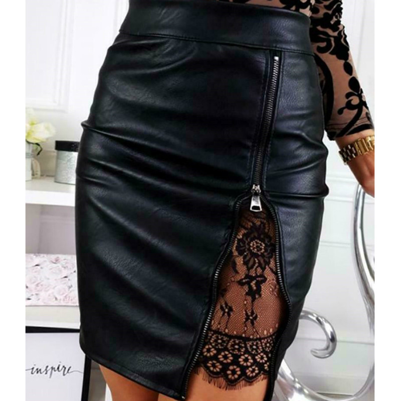 Fashion Lace Stitching High Waist PU Leather Zipper Slit Skinny  Skirt