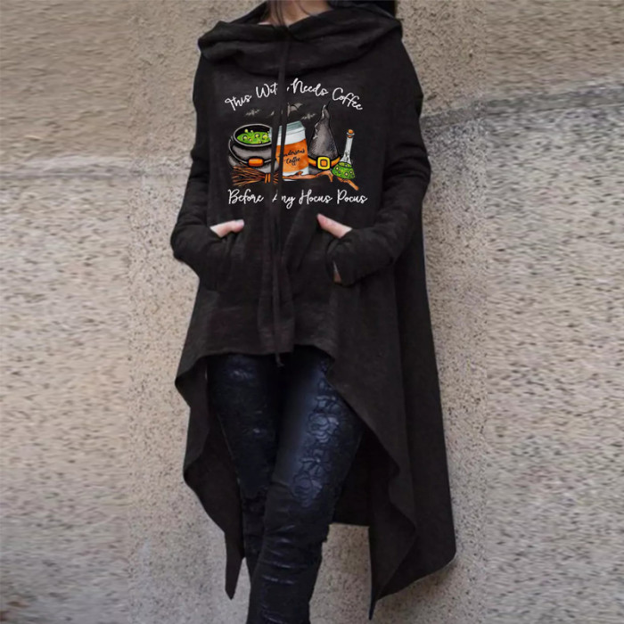 Halloween Fashion Print Irregular Oversized Long Sleeve Hoodie Sweatshirts