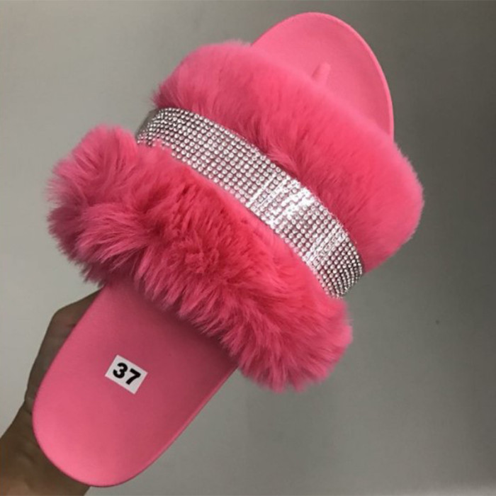 Women's Shoes Fur Rhinestone Thick Sole Solid Color Fluffy Furry Sexy Slippers