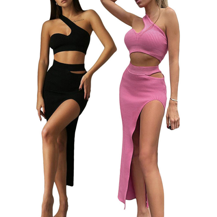 Sexy Solid Color One-Shoulder Fashion Slit  Two-piece Outfits
