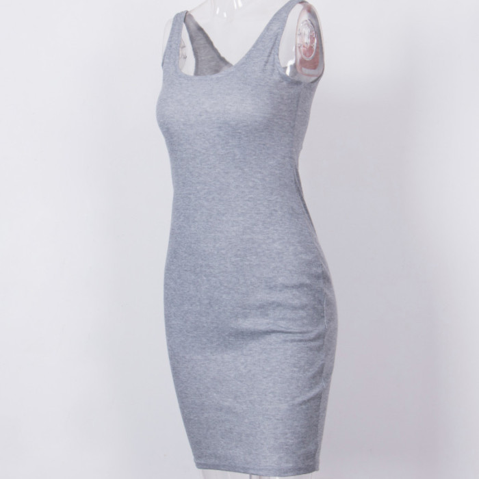 Sexy Slim Solid Color Party Sleeveless Backless Mini Casual  Bodycon Dress