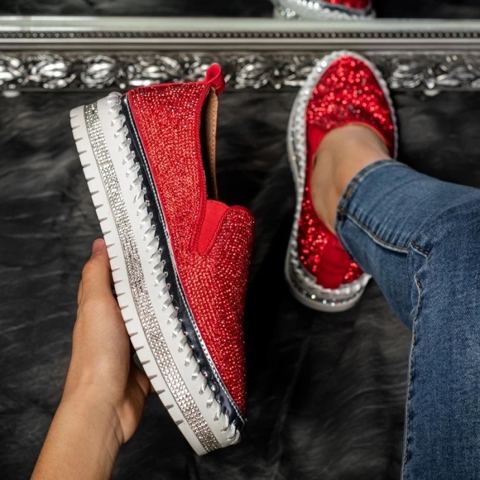 Women's Fashion Rhinestone Shiny Platform Casual Loafers Flats