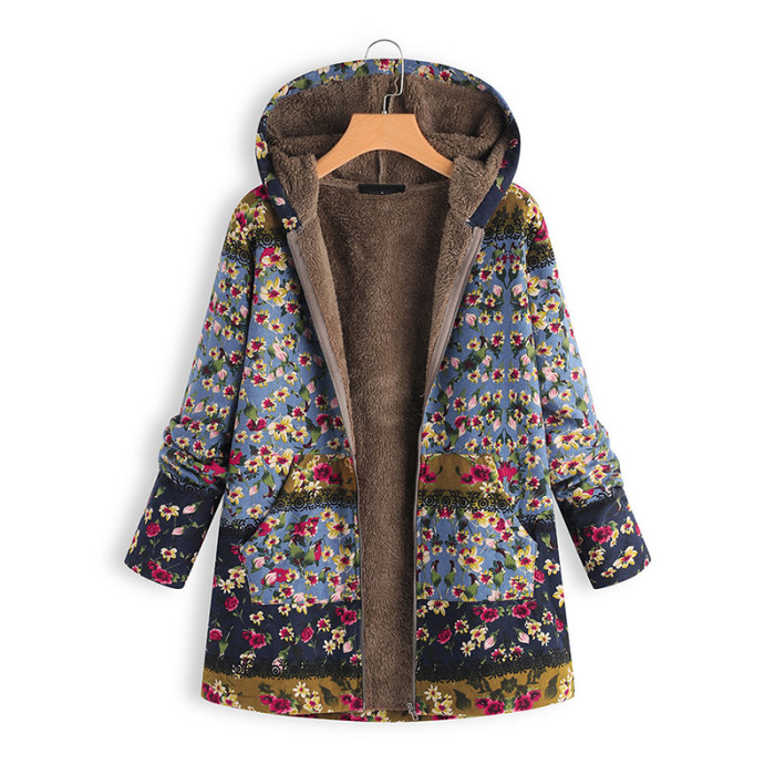 Women's Fashion Plus Size Cotton Mid-length Printed Thick Coat