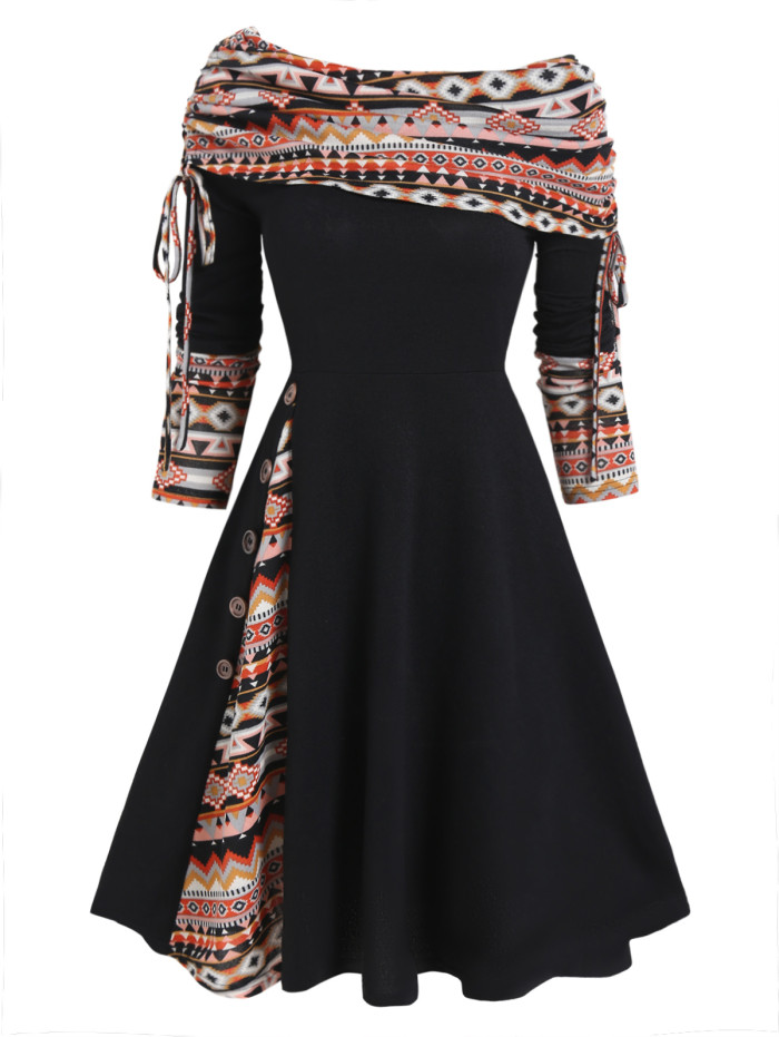 Trendy Striped Flared Folded Off-Shoulder Knit Vintage Dress