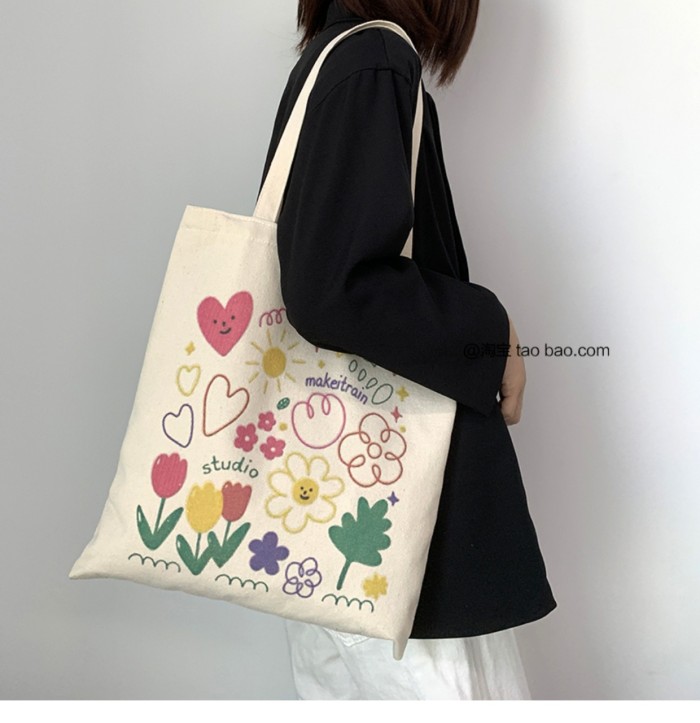 Cartoon Cute Handheld One Shoulder Graffiti Zipper Student Canvas Bag