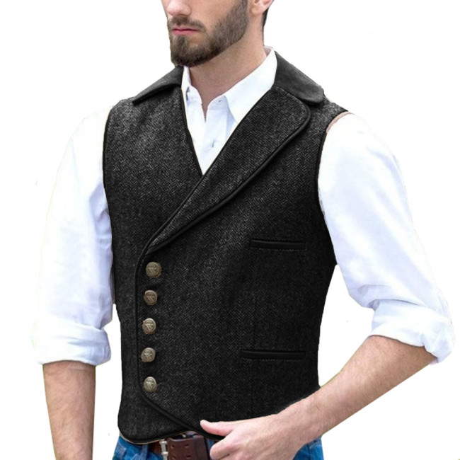 Men's Herringbone Lapel Single Breasted Slim Fit Casual Outdoor Vest